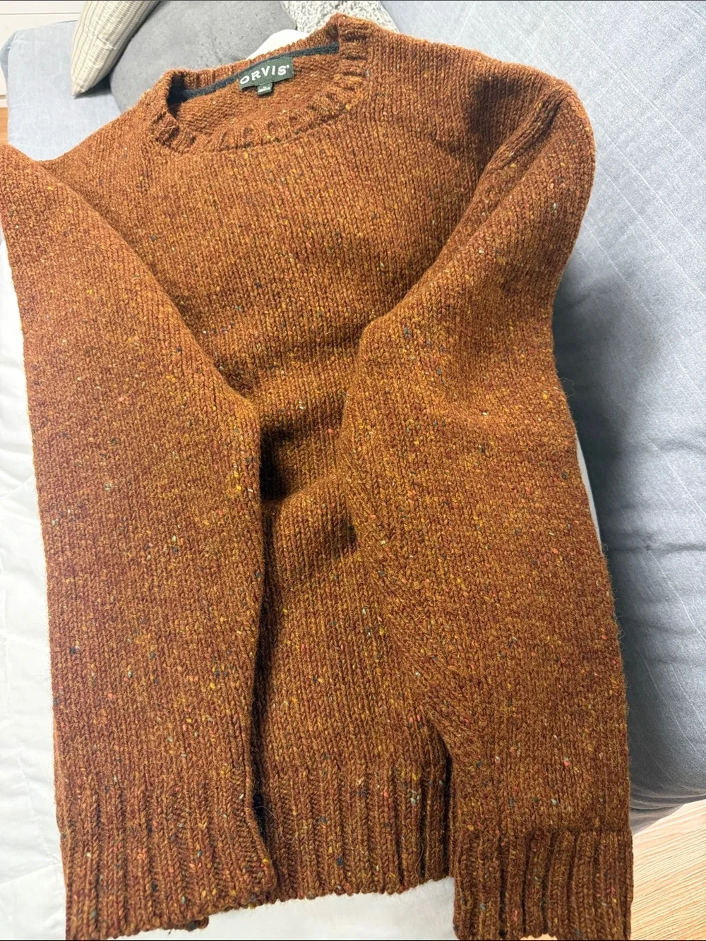 Orvis Men's Rust Tweed Crewneck Sweater with Multicolored Flecks